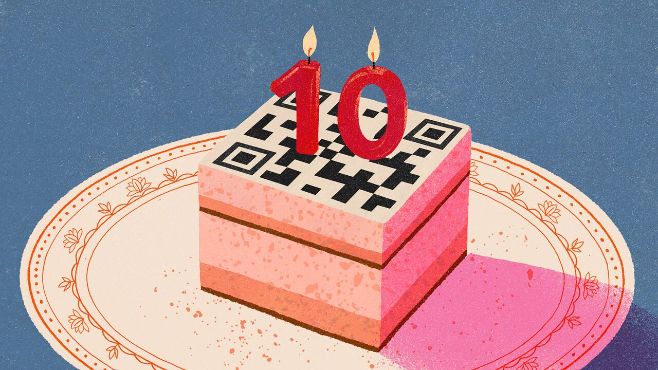 Illustration of a piece of cake with a QR code on top of it and birthday candles in the shape of the number 10
