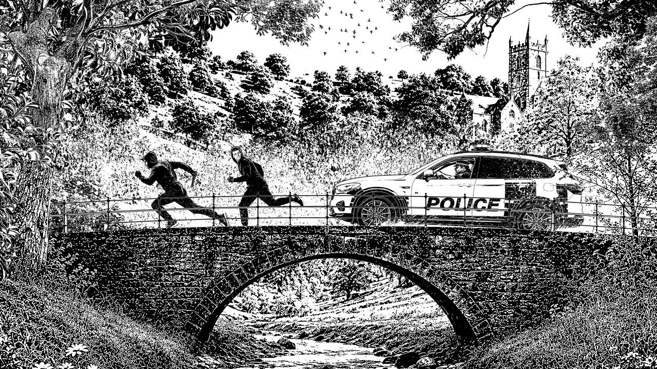 Illustration of two hooded men running from a police car over a stone bridge in the English countryside with rolling hills and a church in the background