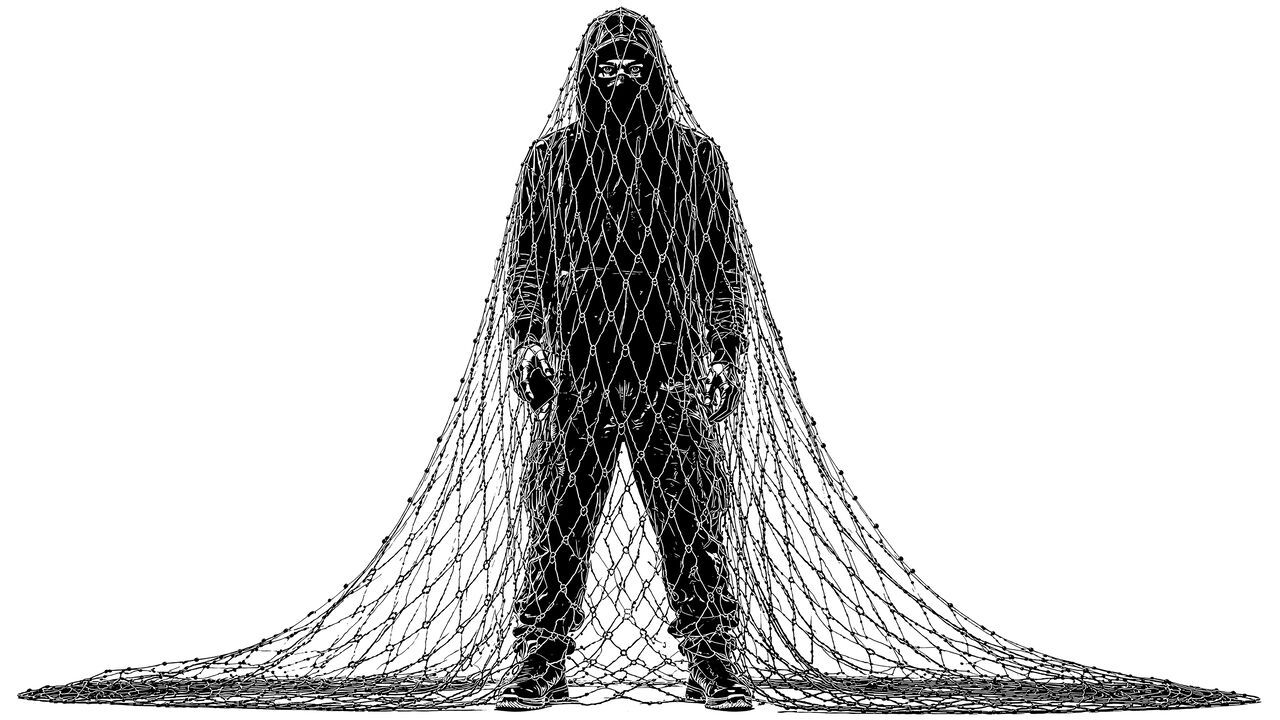 Illustration of a phone snatcher in a hoodie and balaclava caught in a net