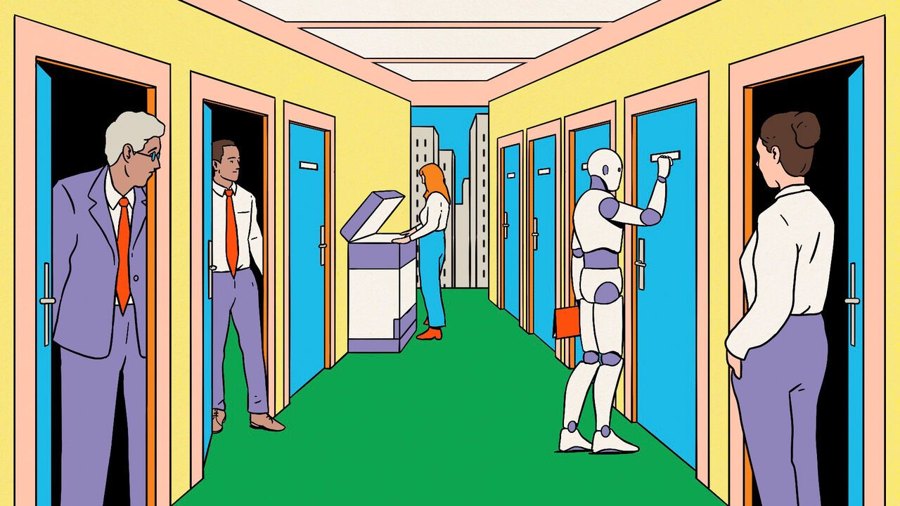 Illustration of a robot knocking at different offices doors