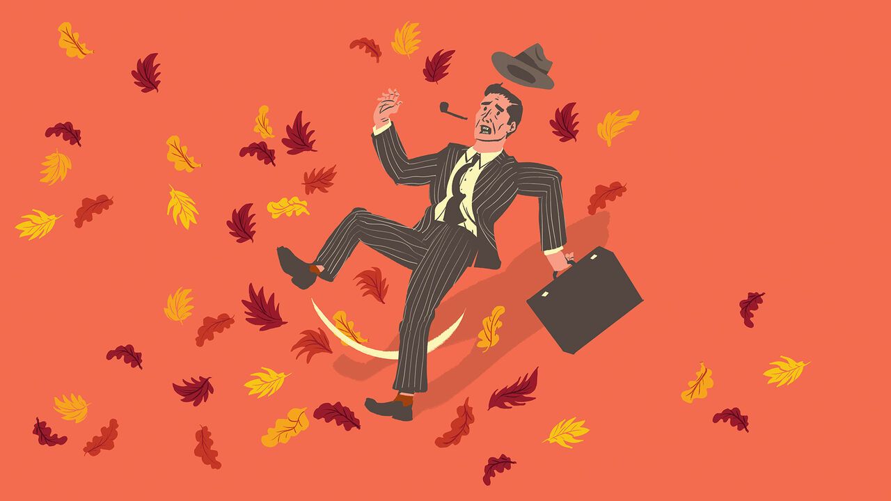 Illustration of a businessman in a dark pinstripe suit stumbling or falling backward while holding a briefcase, with his hat flying off and autumn leaves swirling around him