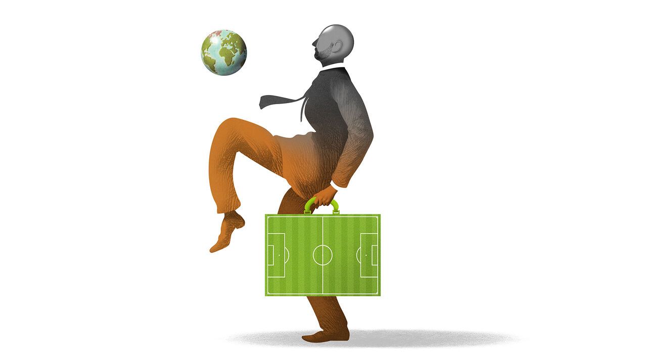 illustration of Pep Guardiola in business suit with a football pitch briefcase and keeping up a globe football