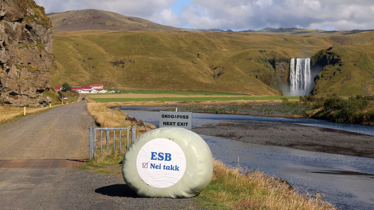 Farmers near Skógafoss display hay bales with the anti-EU message "No E.U. in Iceland." in Skógar, thanks to