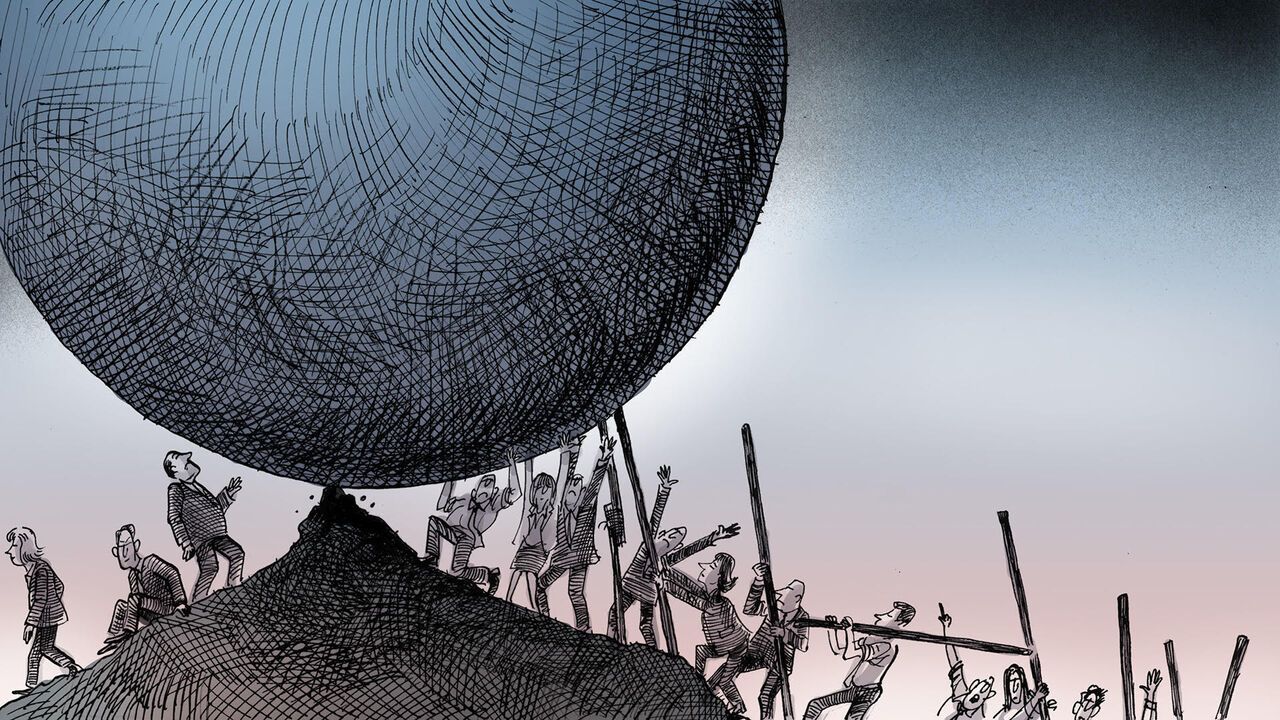 Illustration of people pushing a giant round rock up a hill.