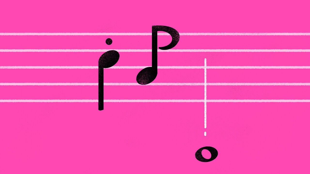 Musical notes sit on a staff, with an exclamation mark suggesting a sudden disruption or dramatic change in the music.