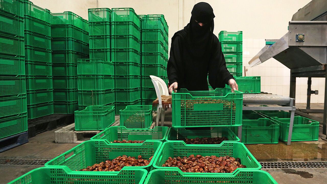 A Saudi woman works at a dates packaging factory in Al-Ahsa, Saudi Arabia