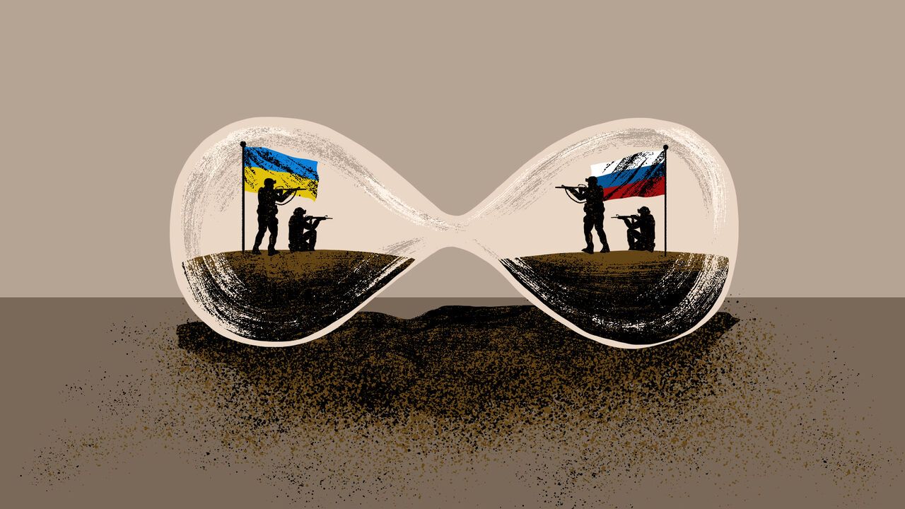 Illustration of a sand timer laying on its side with Ukrainian and Russian soldiers inside the two halves taking aim at each other.