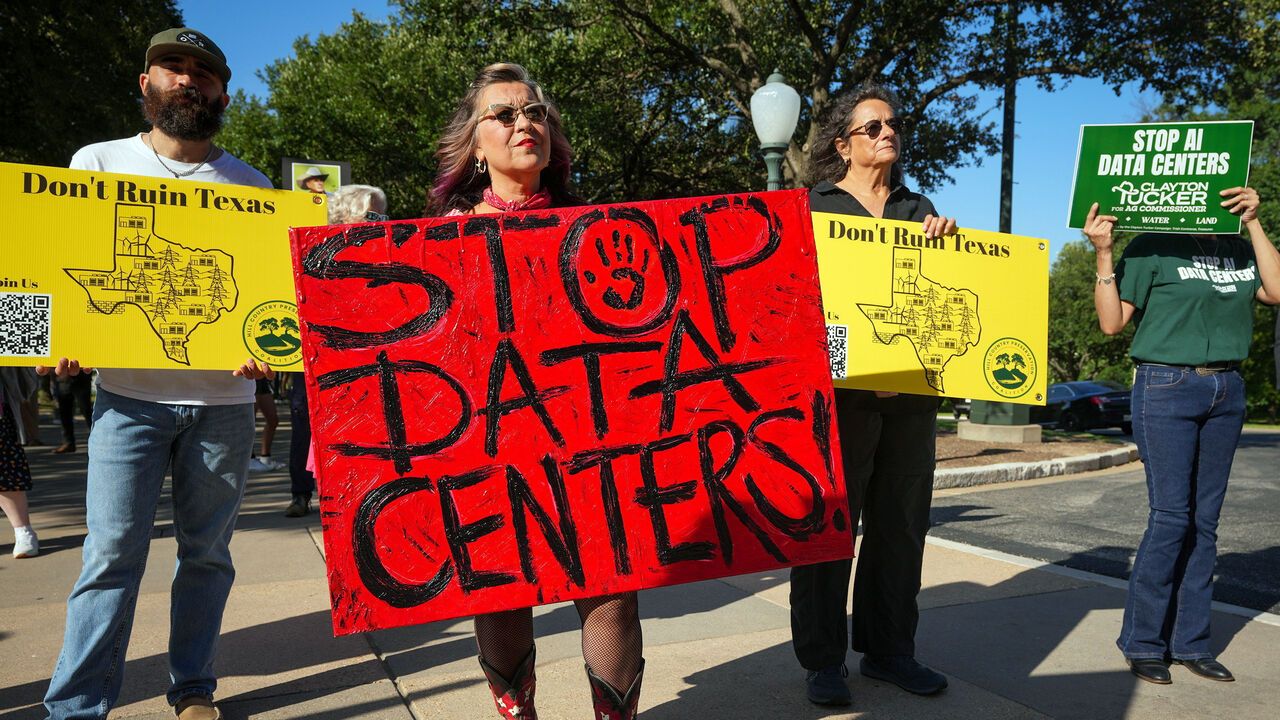 A rally protests data center expansion at the Capitol before a Texas Senate Committee.