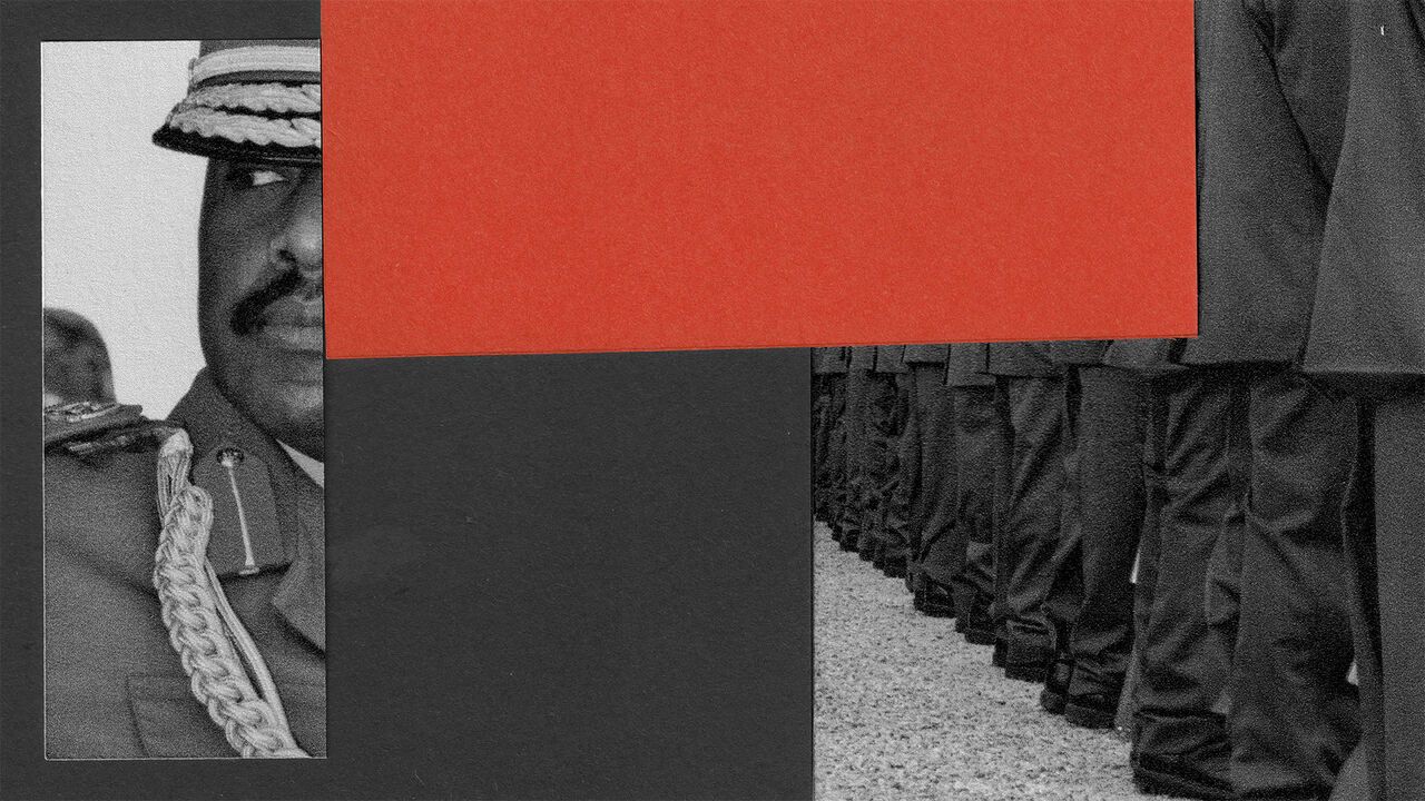 Graphic collage of Muhoozi and a line of soldiers