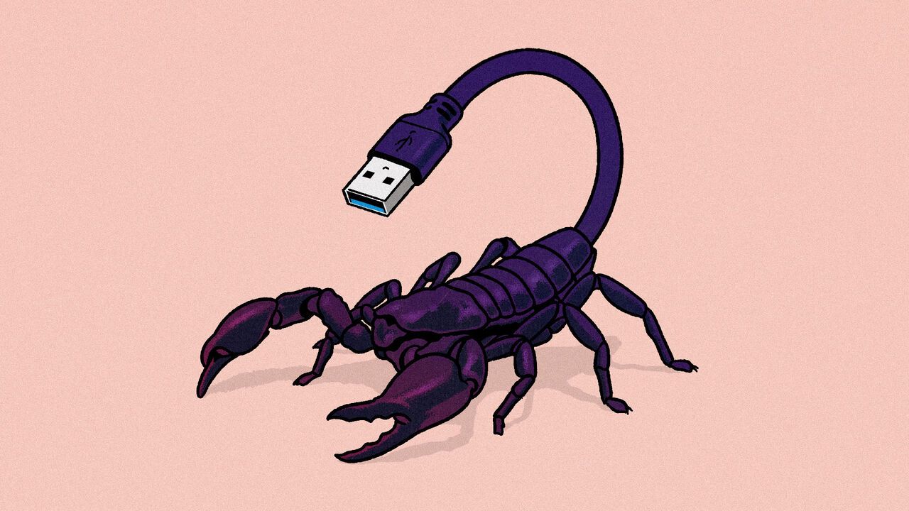 The illustration depicts a scorpion with a USB cable for a tail, combining a dangerous creature with technology to suggest a cyber threat or malicious digital attack.
