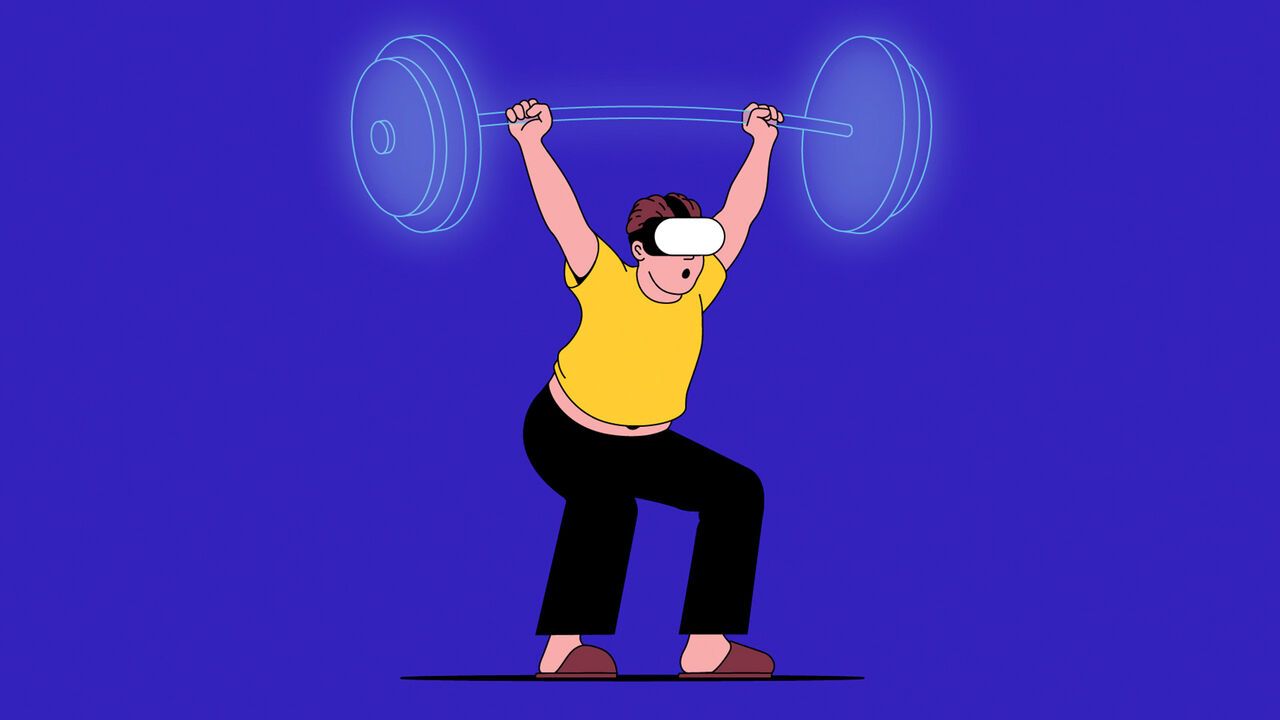 A person in a VR headset lifting a virtual weight