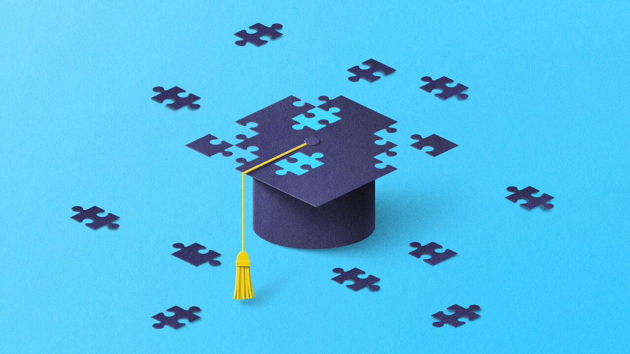 Illustration of a graduation cap made of puzzle pieces.