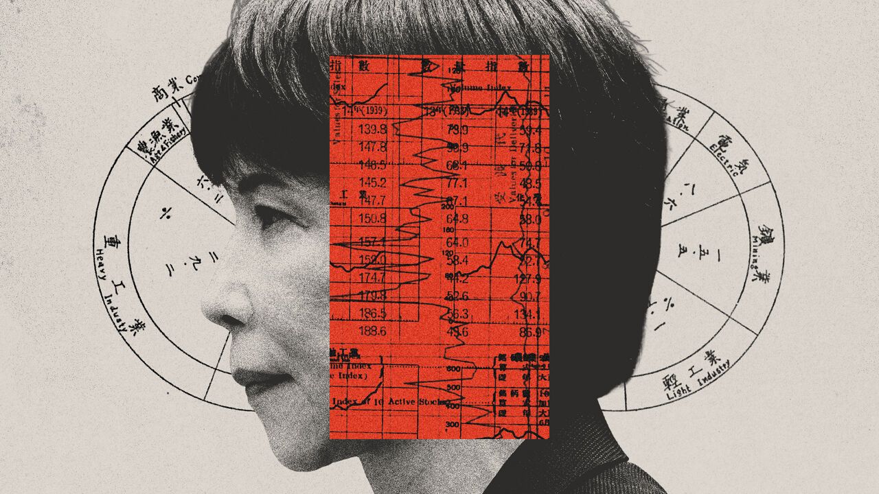 Collage of Takaichi with economic diagrams overlayed