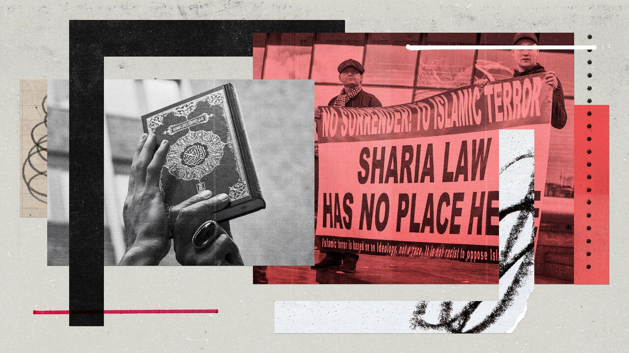 A collage artwork featuring Muslim protesters demonstrating against Quran burnings in Sweden, juxtaposed with an anti-Islamic protester holding a provocative banner.