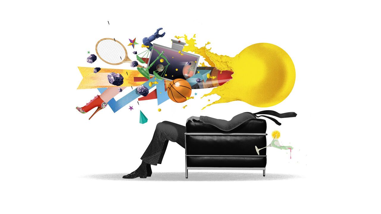 Illustration of a man on a chair with loads of entertainment thrown at him.