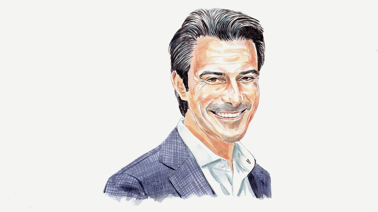 Illustrated portrait of a smiling middle-aged man in a suit jacket.