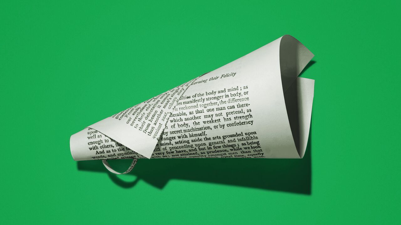 Illustration of an old fashioned megaphone made of paper from the pages of a book.