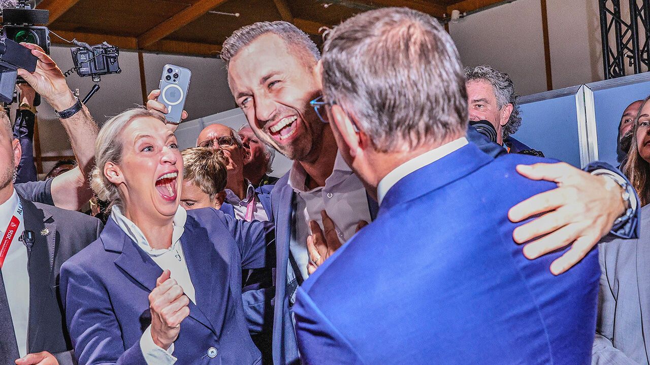 Co-Chairwoman of the Bundestag AFD faction Alice Weidel, Ulrich Siegmund, lead candidate of the far-right Alternative for Germany (AfD) and Co-Chairman of the Bundestag AFD faction Tino Chrupalla celebrating.