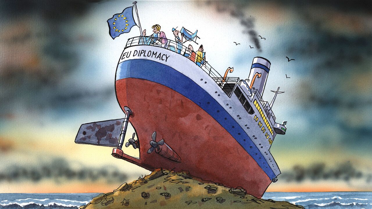 Illustration of a grounded ship carrying holidaymakers on it, with EU Diplomacy written on it