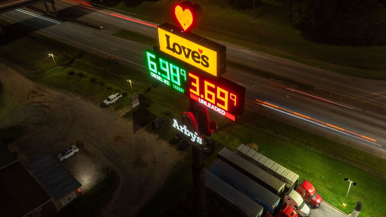 A sign displays the prices of unleaded gasoline and diesel fuel at a Love's gas station in Loxley, Alabama, US, on Sept. 3, 2026.