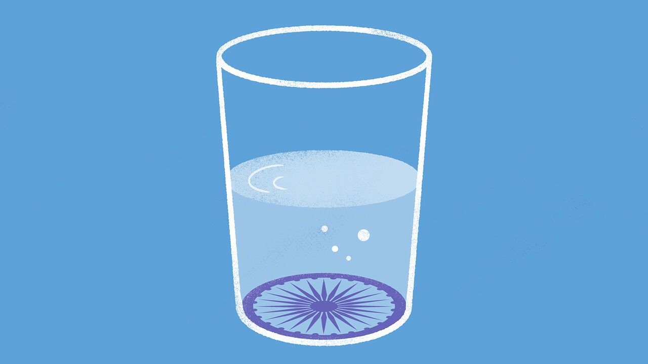 Illustration of a glass half full of water with the Ahoka Chakra wheel from the Indian flag at the bottom.