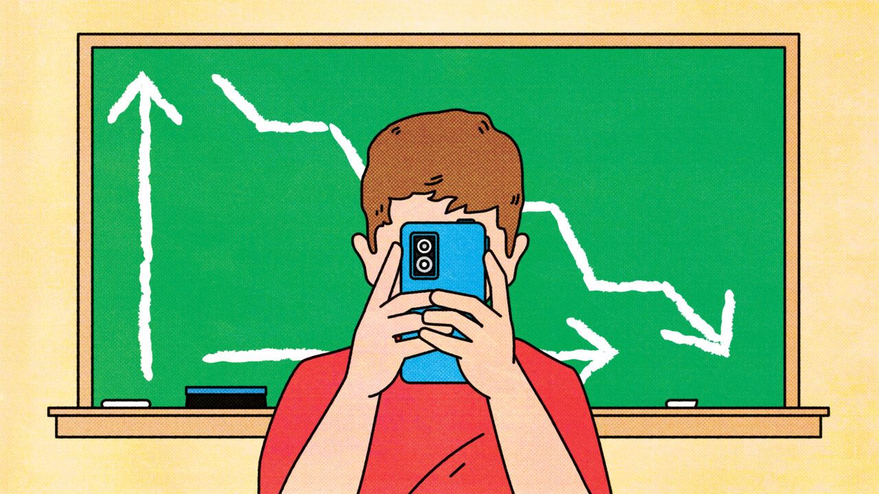 Illustration of a child holding a smartphone in front of their face. Behind them is a backboard with an downward indicator arrow drawn on.
