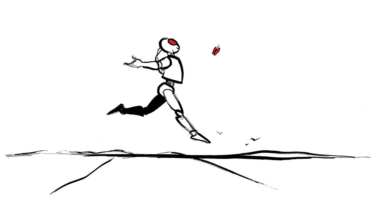 The illustration shows a person running or leaping across a large crack in the ground, suggesting overcoming obstacles, navigating instability or making a difficult transition.