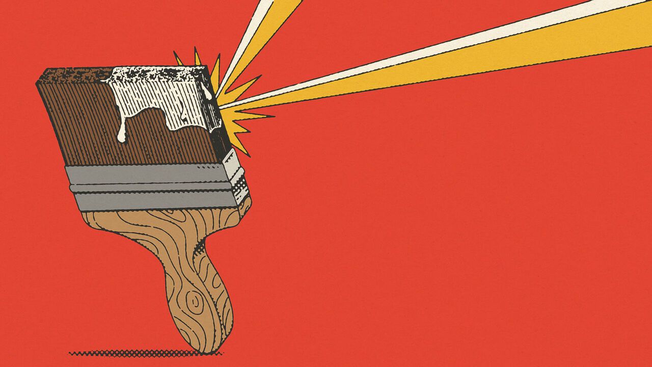 Illustration of a paintbrush with white paint on it with a beam of sunlight bouncing off it