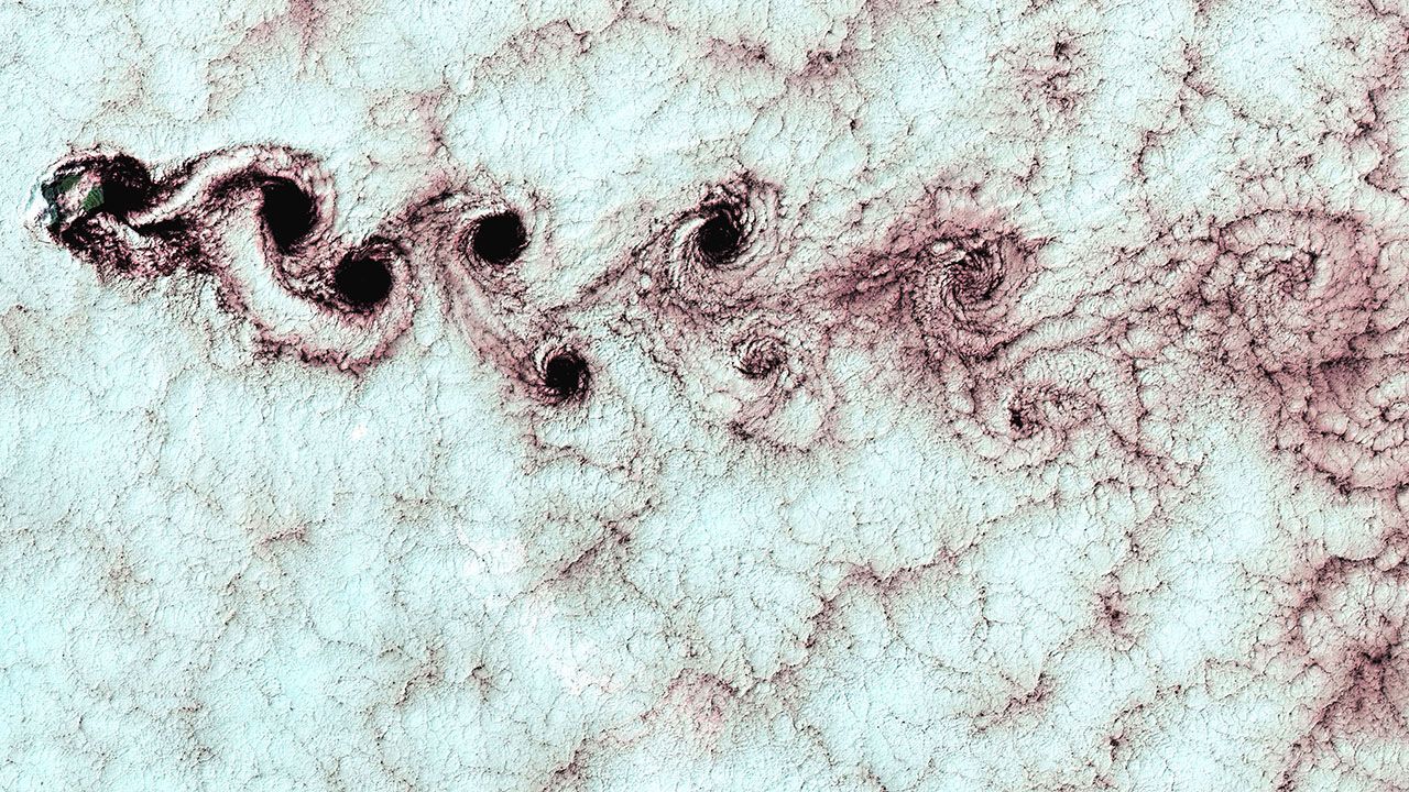 Satellite image of cloud vortices.
