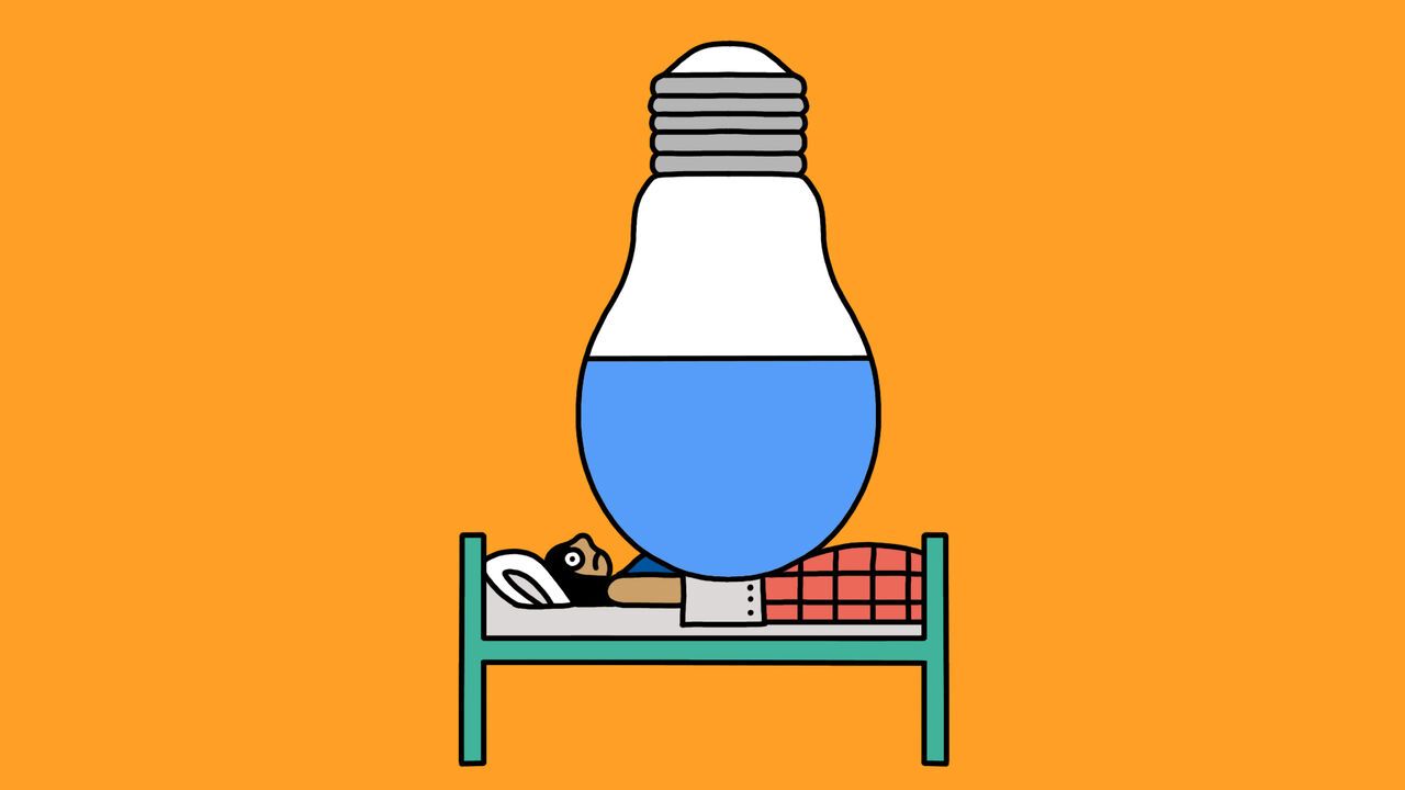 Illustration of a woman in bed being weighed down by a giant lightbulb on top of her