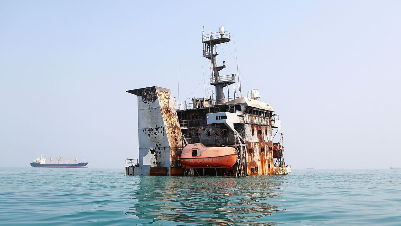 A view of the Iranian Revolutionary Guard Corps Navy warship struck by a U.S. missile, off the coast of Bandar Abbas, Iran.