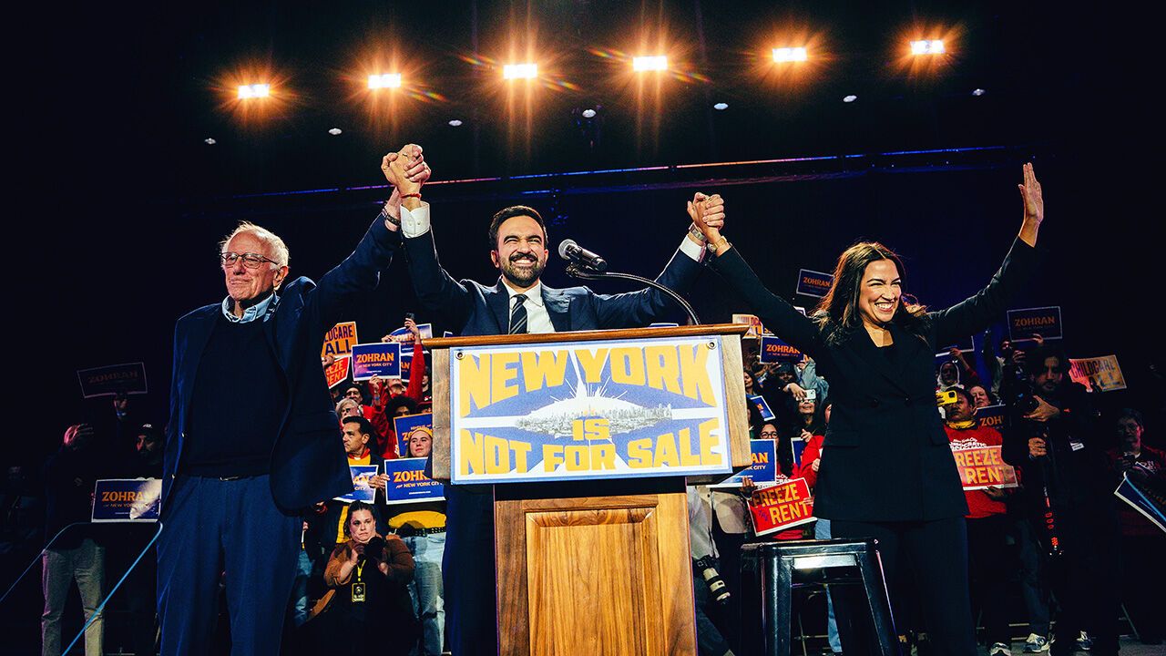 Bernie Sanders, Zohran Mamdani, and Alexandria Ocasio-Cortez at a rally.