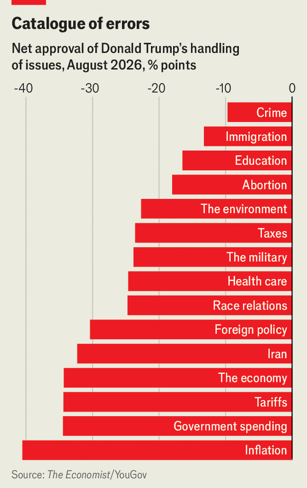 Horizontal bar chart showing Donald Trump’s net approval ratings in August 2026 by issue. His least favorable net approval is on his handling of inflation at about negative 40 percentage points, followed by government spending, tariffs, the economy, Iran, foreign policy, race relations, health care, the military, taxes, the environment, abortion, education, immigration and crime (around negative 10 percentage points).