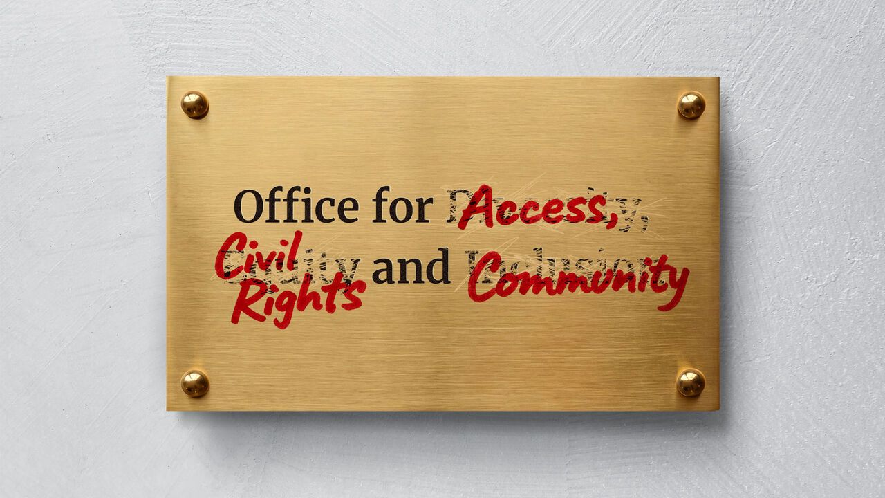 A brass wall plaque showing the original wording “Office for Diversity, Equality and Inclusion” partially obscured and crossed out with distressed markings, with replacement words in red reading “Access,” “Civil Rights,” and “Community”