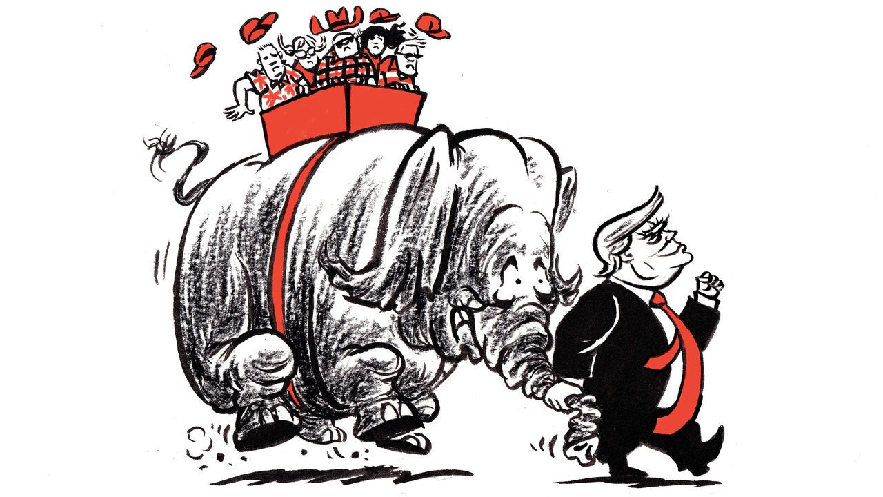 cartoon showing Donald Trump grabbing an elephant’s trunk as it charges forward with people riding on its back