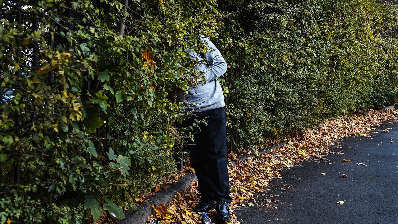 A schoolboy leans against a signpost, obscured by bushes.