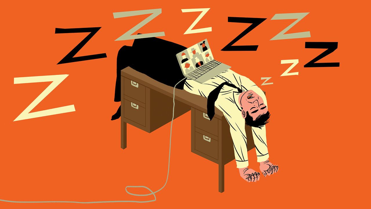 Illustration of a desk worker sleeping during a call.
