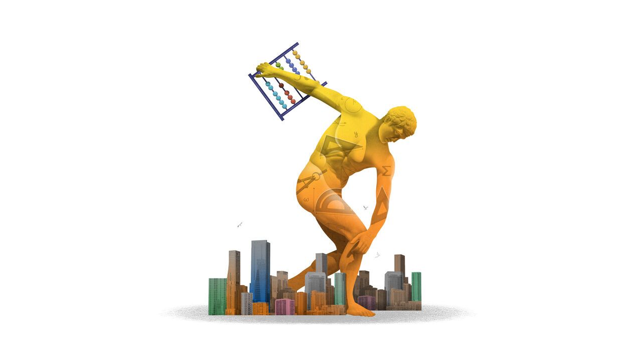 Illustration of a greek statue man holding a counting device.