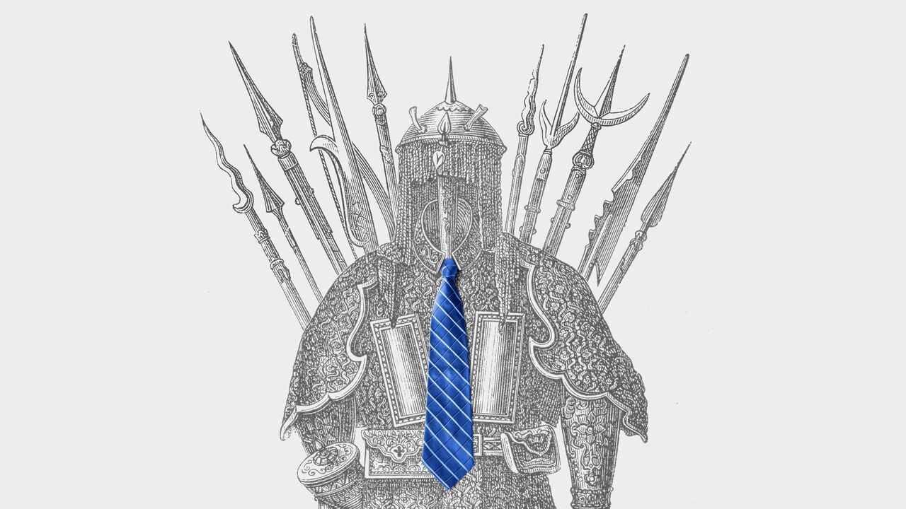 Illustration of Genghis Khan-era suit of armour and weaponry with a blue striped tie.