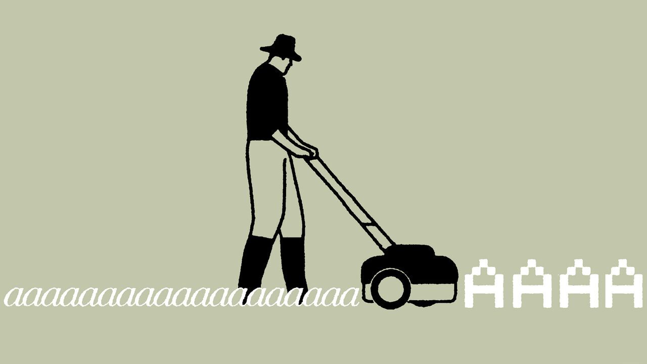 Illustration of a person pushing a lawnmower over a row of capital A's leaving behind a small line of cusive lower case a's.