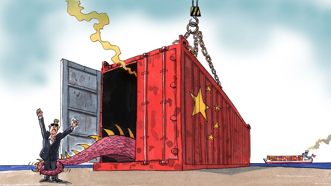 A suited man stands with his arms in the air behind a big red shipping container, which has the chinese flag stars on the side of it. A dragon's tail emerges from the open back door, wrapping itself around the man's legs. Smoke billows from the open door.