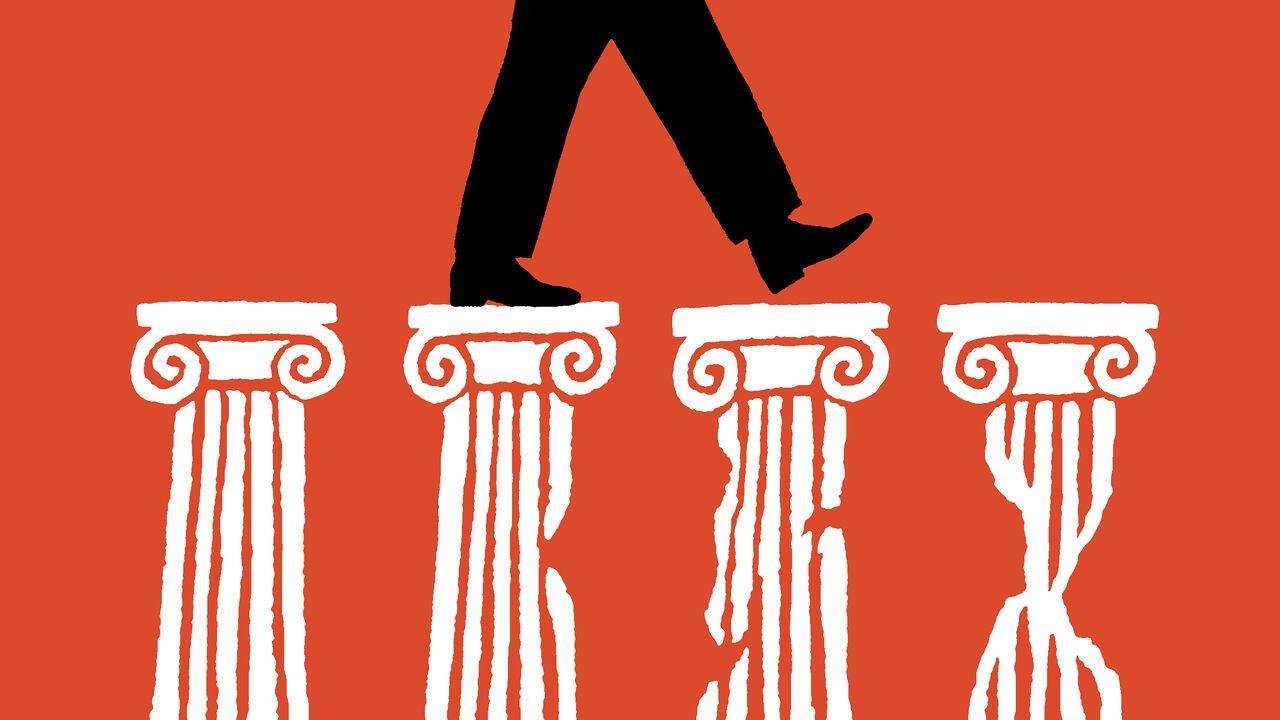 Illustration of a silhouetted person walking across four white classical columns, some of which appear cracked or crumbling