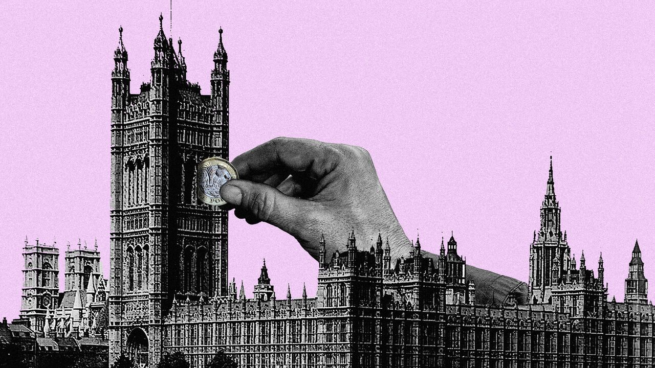 Illustration of a large hand slotting a £1 coin into Westminster's Victoria Tower.
