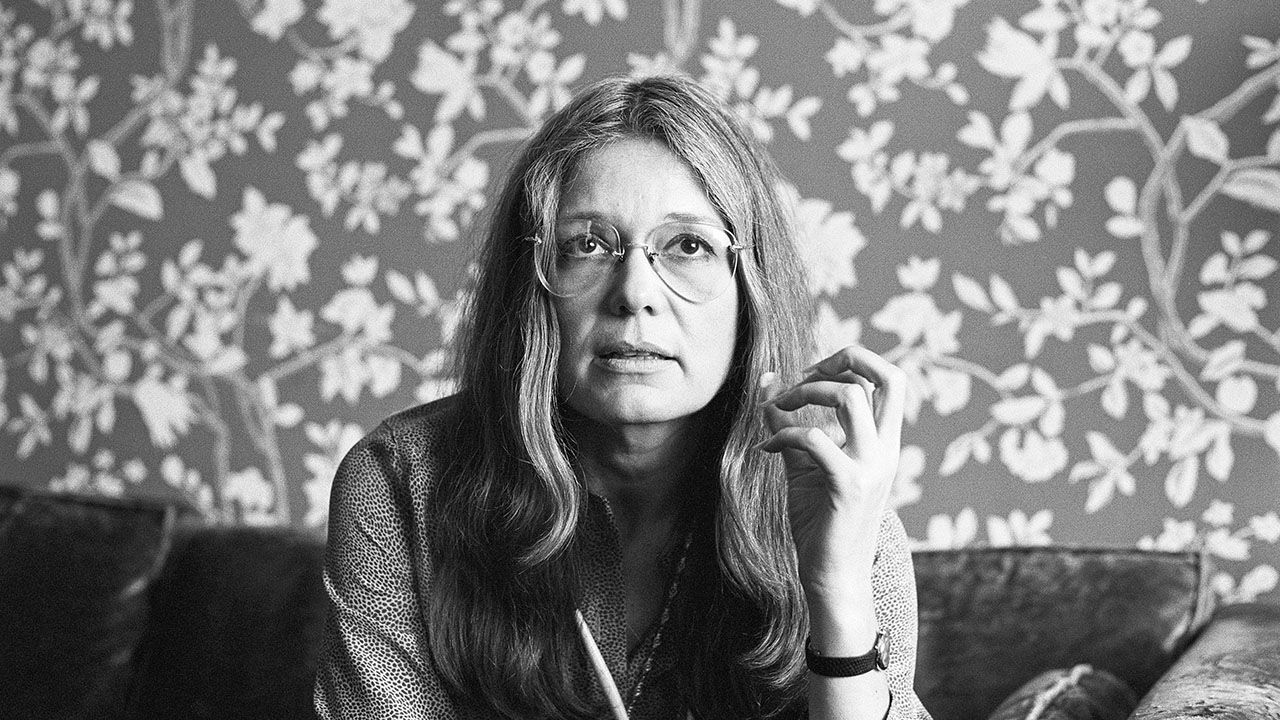 Gloria Steinem in a room at a Holiday Inn, San Francisco, California, November 1977