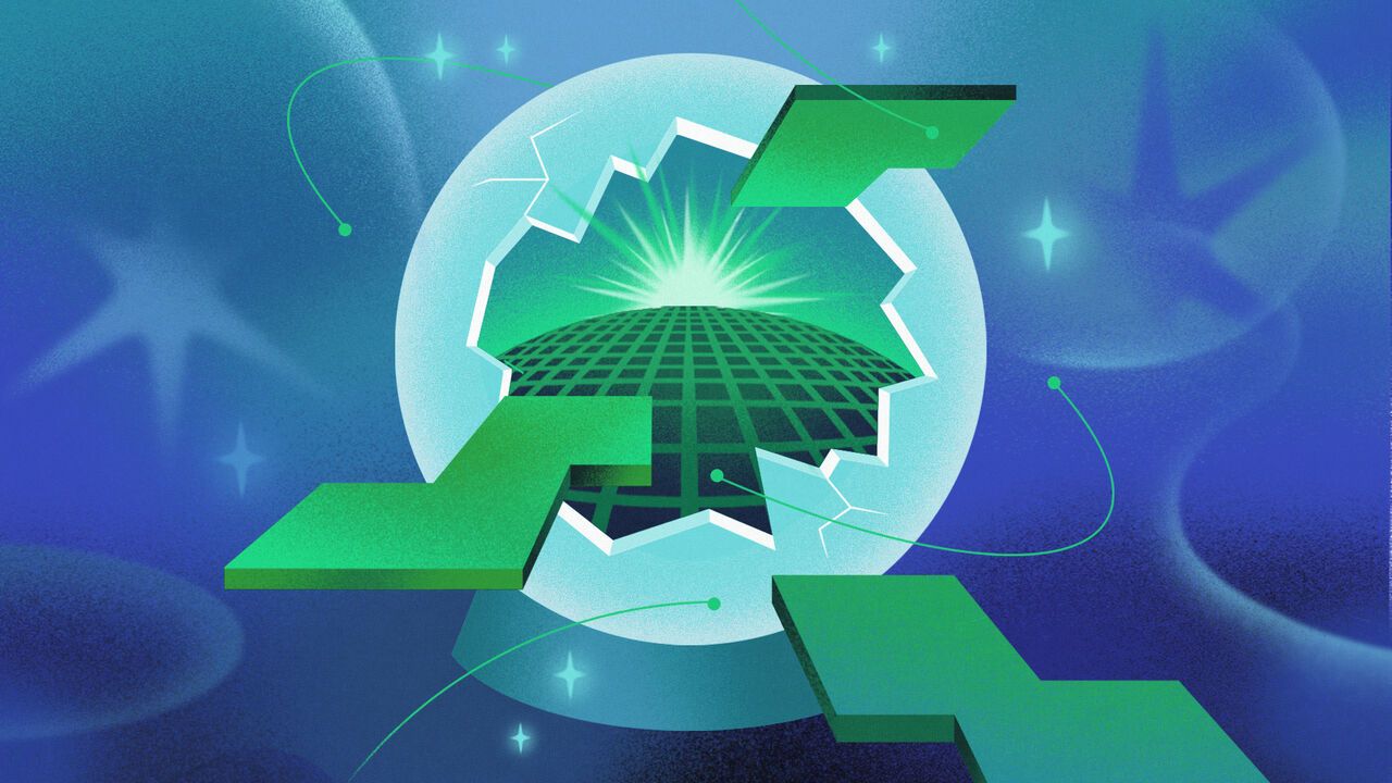 AI shapes breaking out of a crystal ball. Inside the crystal ball is a flash on a horizon.