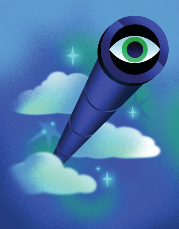 A giant telescope wiith a big eye on the lens reaching up from the clouds into the sky