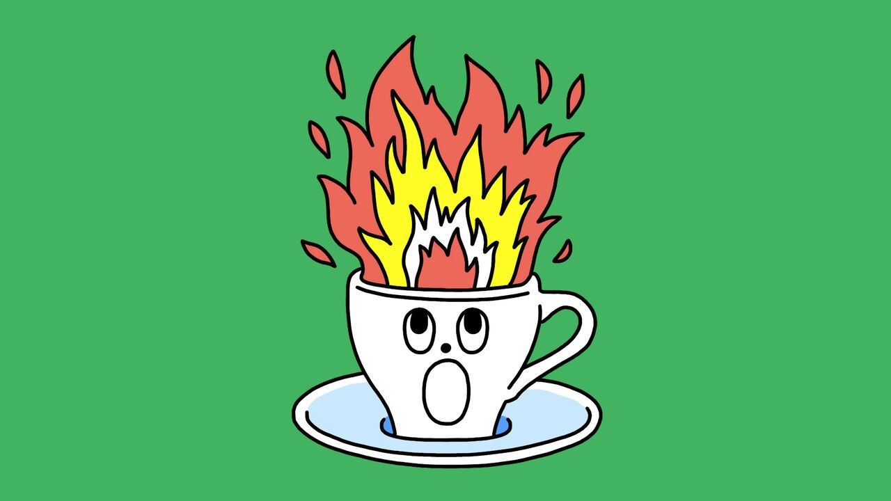 Illustration of a teacup with a shocked face and flames coming out of the top