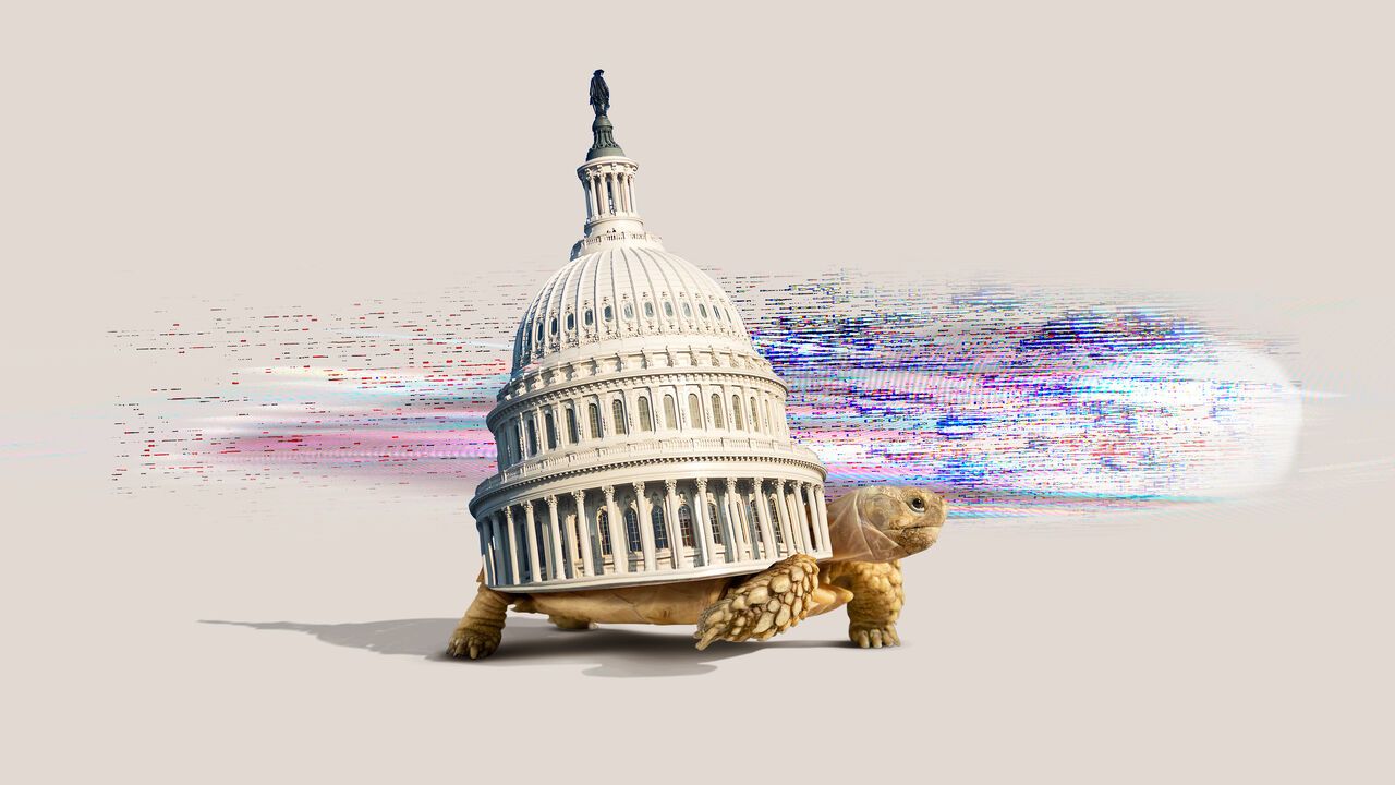illustration of a tortoise carrying the U.S. Capitol dome on its shell, with colorful digital glitch trails streaming across the background