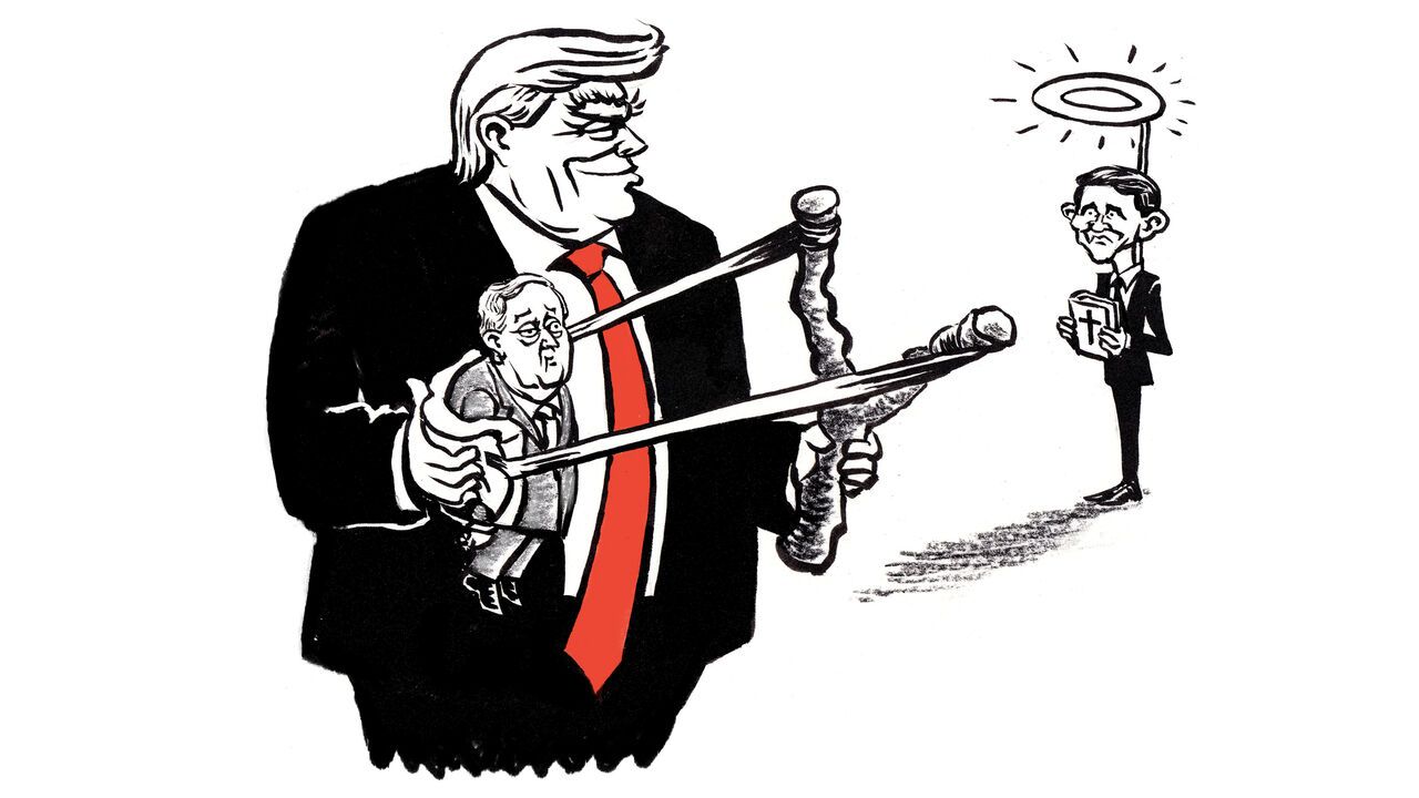 cartoon depicting Donald Trump using a large slingshot to through Ken Paxton, aiming at James Talarico in the background holding a cross beneath a halo