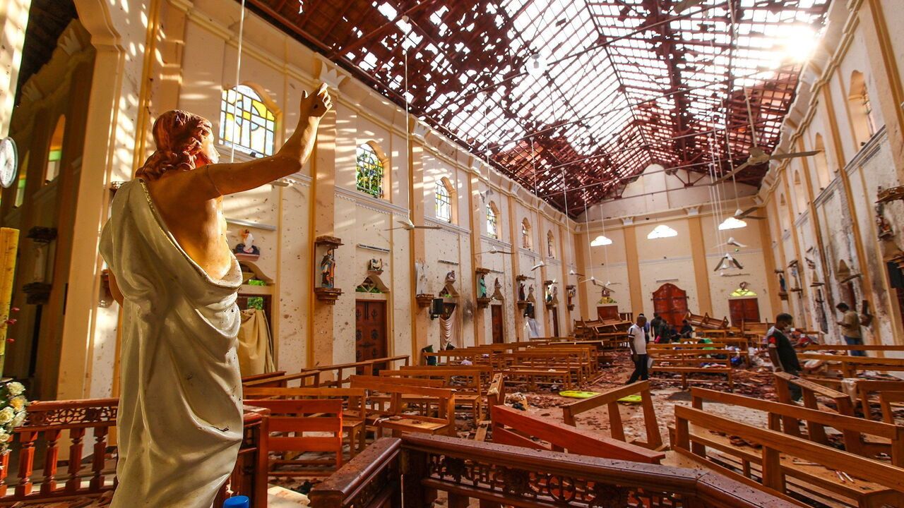 damaged St. Sebastian's Church after multiple explosions targeting churches and hotels across Sri Lanka on April 21, 2019 in Negombo, Sri Lanka.